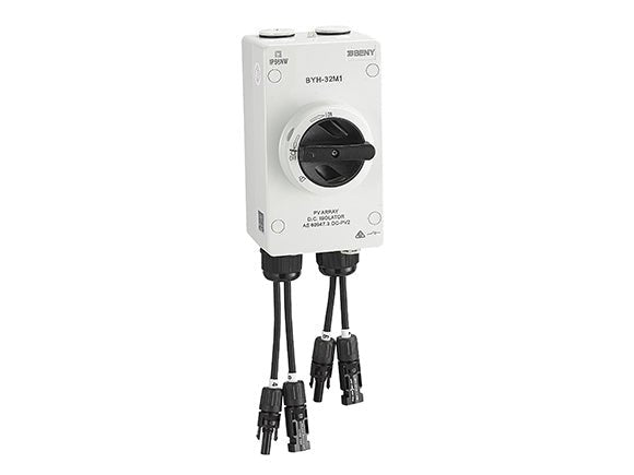 Desconectador CC IP66 32A BYH-32M1 | 1000VDC | 2 polos conector MC4 y 2 polos conector de salida mismo diámetro que MC4 | BENY